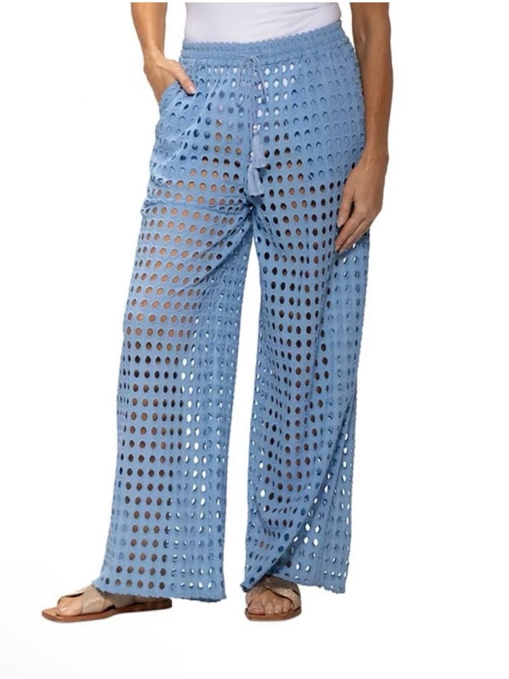 Dotti Light Blue Crochet Wide-Leg Swim Coverup Pants Sz small NWT